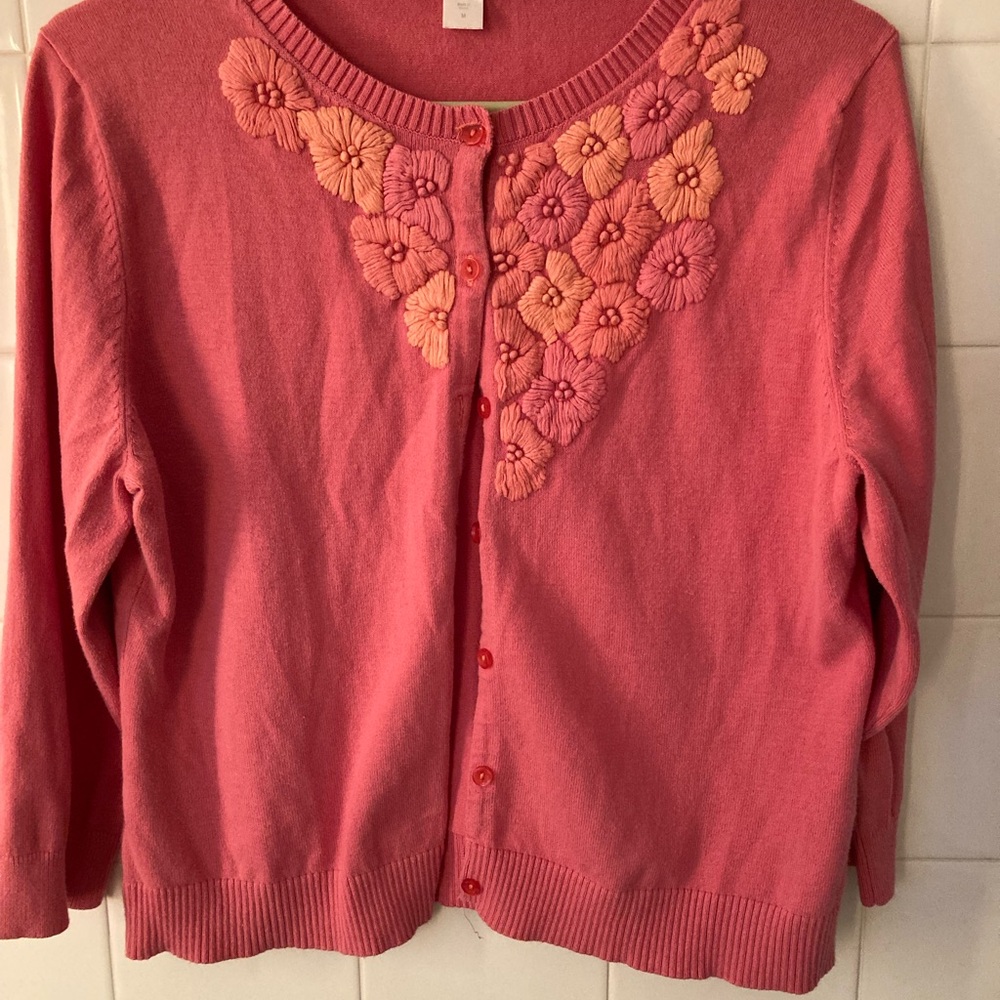 Garnet Hill Floral Embroidered Pink and Rose Floral Cardigan Sweaters